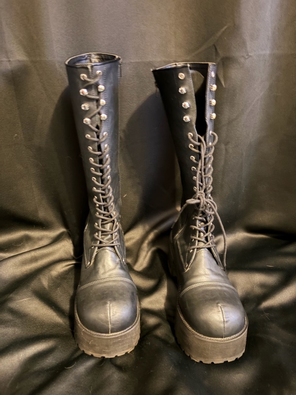 Demonia Ranger-302 Knee-High Platform Boots. Black Vegan Leather (W13 / M11.5)
